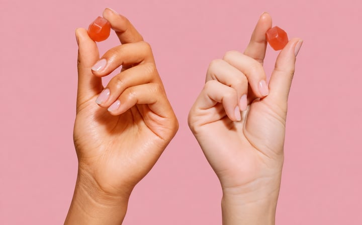Two hands each holding a single Bombshell gummy against a pink background